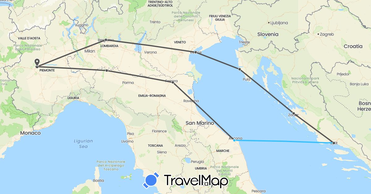 TravelMap itinerary: driving, boat, motorbike in Croatia, Italy (Europe)